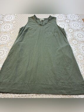 Briggs Women’s XL Olive Green Linen Blend Dress Sleeveless Ruffle V-Neck Pockets